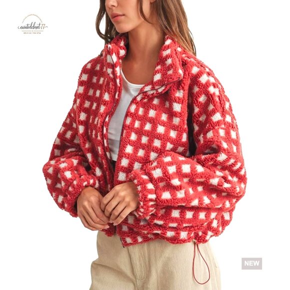 Jackets & Blazers - Cropped Sherpa Jacket Plaid Fleece Zip Up Casual Long Sleeve with Pockets
